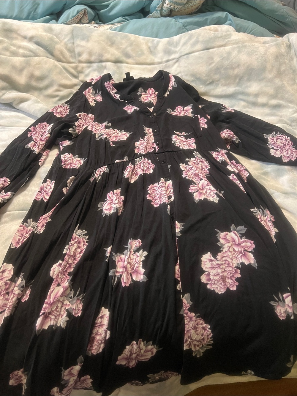 torrid Black Long Sleeve Floral Dress with Pink Blooms